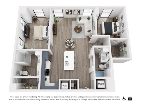 Floor plan for 2 beds, 2 baths, 1042 sqft
